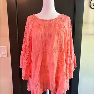Johnny Was Vibrant Coral Eyelet Tunic